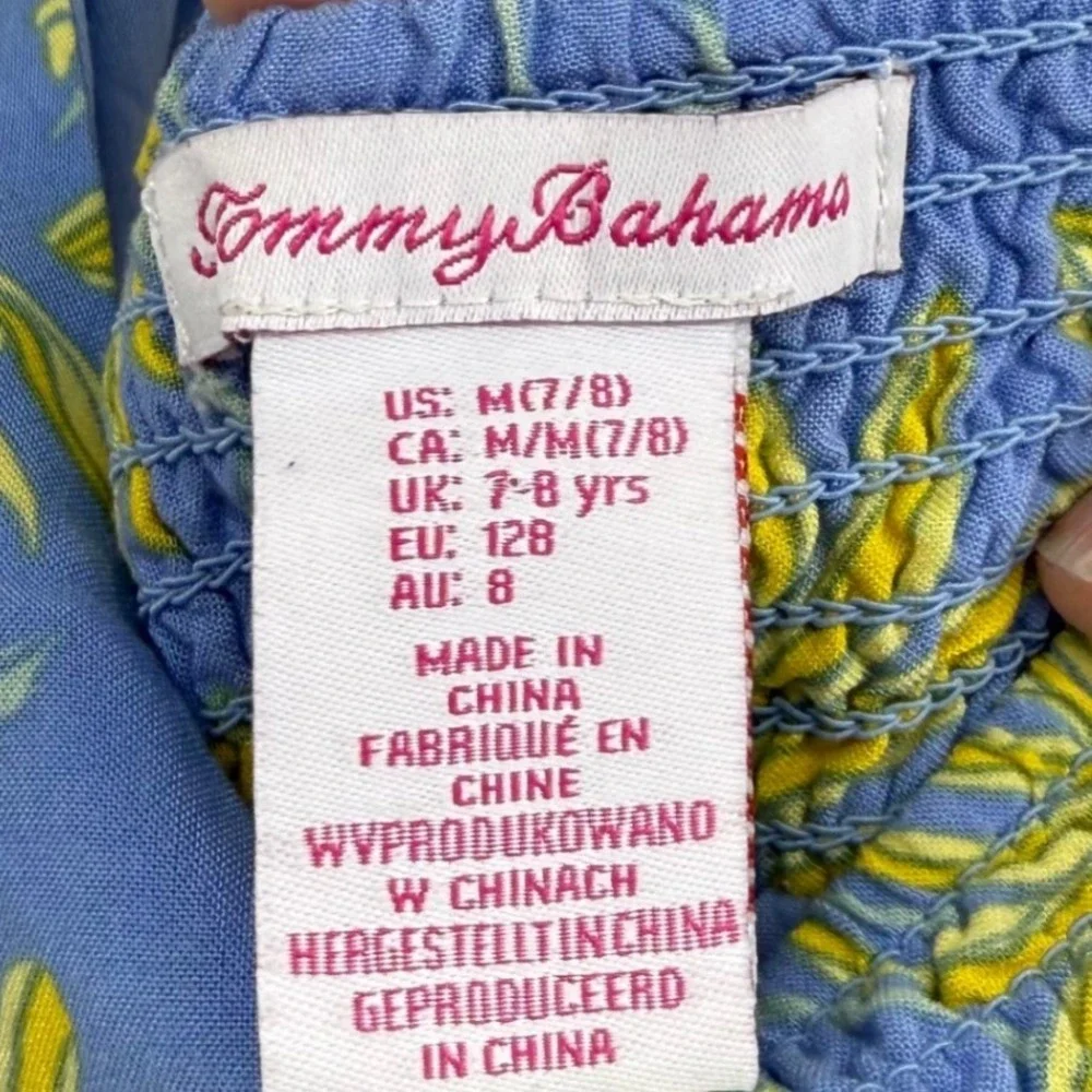 Tommy Bahama Romper Girls M 7/8 Blue Yellow Floral Sunflower Smocked Tiered
